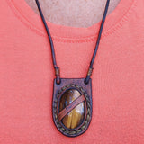 Bohemian Handcrafted Brown Vegetal Leather Necklace with Tiger Eye Stone setting - Quality Unisex Gift Fashion Leather Jewelry