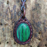 Handcrafted Genuine Brown Vegetal Leather Necklace with Malachite Stone setting-Unique Lifestyle Gift Unisex Fashion Leather Jewelry