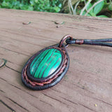 Handcrafted Genuine Brown Vegetal Leather Necklace with Malachite Stone setting-Unique Lifestyle Gift Unisex Fashion Leather Jewelry