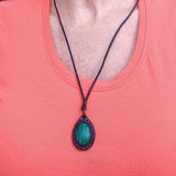 Handcrafted Genuine Brown Vegetal Leather Necklace with Malachite Stone setting-Unique Lifestyle Gift Unisex Fashion Leather Jewelry