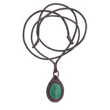 Handcrafted Genuine Brown Vegetal Leather Necklace with Malachite Stone setting-Unique Lifestyle Gift Unisex Fashion Leather Jewelry