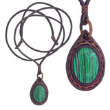 Handcrafted Genuine Brown Vegetal Leather Necklace with Malachite Stone setting-Unique Lifestyle Gift Unisex Fashion Leather Jewelry