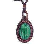 Handcrafted Genuine Brown Vegetal Leather Necklace with Malachite Stone setting-Unique Lifestyle Gift Unisex Fashion Leather Jewelry