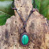 Handcrafted Genuine Brown Vegetal Leather Necklace with Malachite Stone setting-Unique Lifestyle Gift Unisex Fashion Leather Jewelry