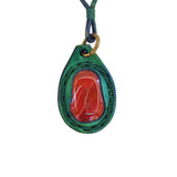 Bohemian Handcrafted Genuine Vegetal Green Leather Necklace with Red Agate Stone-Unique Lifestyle Gift Unisex Fashion Jewelry