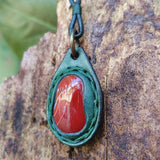 Bohemian Handcrafted Genuine Vegetal Green Leather Necklace with Red Agate Stone-Unique Lifestyle Gift Unisex Fashion Jewelry