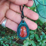 Bohemian Handcrafted Genuine Vegetal Green Leather Necklace with Red Agate Stone-Unique Lifestyle Gift Unisex Fashion Jewelry