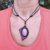 Bohemian Handcrafted Genuine Vegetal Brown Leather Necklace with Pink Cat Eye Stone-Lifestyle Unique Gift Unisex Fashion Leather Jewelry
