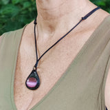 Bohemian Unique Handcrafted Vegetal Black Leather Necklace with Pink Cat Eye Stone-Lifestyle Unique Gift Unisex Fashion Leather Jewelry
