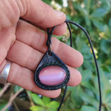 Bohemian Unique Handcrafted Vegetal Black Leather Necklace with Pink Cat Eye Stone-Lifestyle Unique Gift Unisex Fashion Leather Jewelry