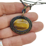 Bohemian Unique Handcrafted Vegetal Leather Necklace with Tiger Eye Stone setting - Cool Unisex Gift Fashion Leather Jewelry