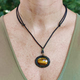 Bohemian Unique Handcrafted Vegetal Leather Necklace with Tiger Eye Stone setting - Cool Unisex Gift Fashion Leather Jewelry