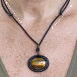 Bohemian Unique Handcrafted Vegetal Leather Necklace with Tiger Eye Stone setting - Cool Unisex Gift Fashion Leather Jewelry