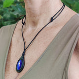 Bohemian Handcrafted Genuine Vegetal Green Leather Necklace with Blue Cat Eye Stone-Lifestyle Unique Gift Unisex Fashion Leather Jewelry