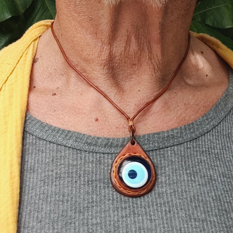 Unique Bohemian Handcrafted Brown Vegetal Leather Necklace with Evil Eye Pendant-Unique Lifestyle Gift Unisex Fashion Jewelry