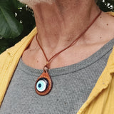 Unique Bohemian Handcrafted Brown Vegetal Leather Necklace with Evil Eye Pendant-Unique Lifestyle Gift Unisex Fashion Jewelry