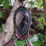 Boho Handcrafted Genuine Vegetal Leather Necklace with Gray and Black Agate Stone-Unique Unisex Gift Fashion Jewelry