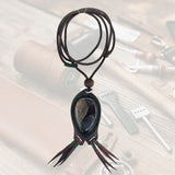 Boho Handcrafted Genuine Vegetal Leather Necklace with Gray and Black Agate Stone-Unique Unisex Gift Fashion Jewelry