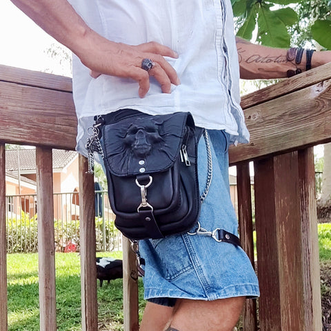 Handcrafted Genuine Vegetal Black Leather Black Drop Leg Bag–Backpack with Embossed Skull Design–Gift Lifestyle Hip Rider Bag