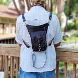 Handcrafted Genuine Vegetal Black Leather Black Drop Leg Bag–Backpack with Embossed Skull Design–Gift Lifestyle Hip Rider Bag