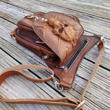 MADE TO ORDER-Handcrafted Genuine Vegetal Leather Rust Brown Skull Drop Leg Bag–Skull Design Backpack–Gift Hip Rider Bag-Cross Body Bag