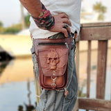 MADE TO ORDER-Handcrafted Genuine Vegetal Leather Rust Brown Skull Drop Leg Bag–Skull Design Backpack–Gift Hip Rider Bag-Cross Body Bag