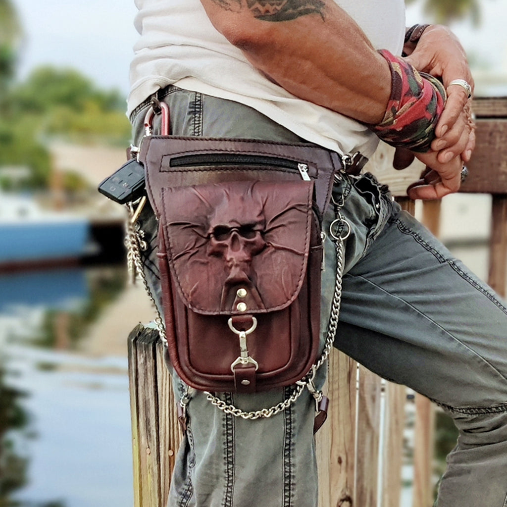 brown leather skull-backpack MADE TO ORDER Handcrafted Genuine Vegetal Leather Dark Brown Skull Drop Leg Bag–Skull Design Backpack–Gift Hip Rider-Cross Body Bag