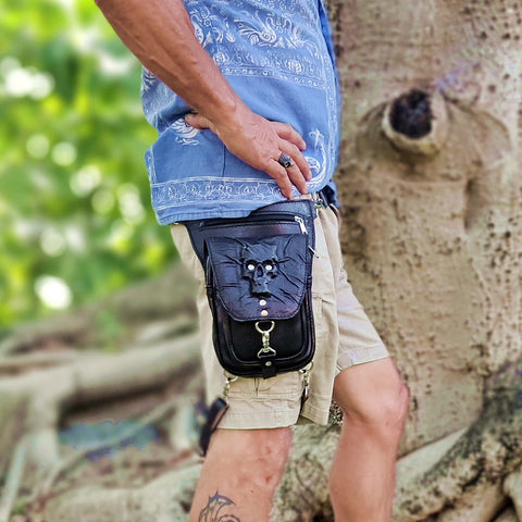 Handcrafted Vegetal Leather Multifunctional Black Color Drop Leg Bag with Embossed Skull Design–Riders Travel Waist Fanny Pack.