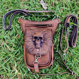 Handcrafted Vegetal Leather Multifunctional Maroon Drop Leg Bag–Waist Fanny Pack With Embossed Skull Design-Gift Lifestyle Bag