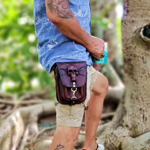 MADE TO ORDER-Handcrafted Vegetal Leather Multifunctional Black-Maroon color Dropleg Bag–Waist Fanny Pack With Wave Design-Gift Lifestyle