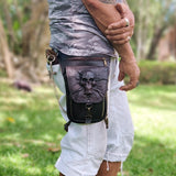 Made to Order-Handcrafted Vegetal Leather Multifunctional Black color Drop Leg Bag with Embossed Skull Design–Gift Riders Travel Fanny Pack