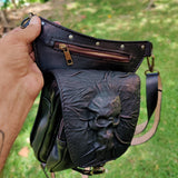 MADE TO ORDER-Handcrafted Vegetal Leather Multifunctional Black Color Drop Leg Bag with Embosed Skull Design–Riders Travel Waist Fanny Pack