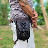 MADE TO ORDER-Handcrafted Vegetal Leather Multifunctional Black Color Drop Leg Bag with Embosed Skull Design–Riders Travel Waist Fanny Pack