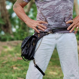 MADE TO ORDER-Handcrafted Vegetal Leather Multifunctional Black Color Drop Leg Bag with Embosed Skull Design–Riders Travel Waist Fanny Pack