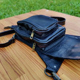 MADE TO ORDER-Handcrafted Vegetal Leather Multifunctional Black Color Drop Leg Bag with Embosed Skull Design–Riders Travel Waist Fanny Pack