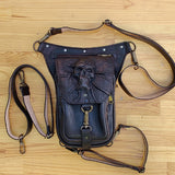 MADE TO ORDER-Handcrafted Vegetal Leather Multifunctional Black Color Drop Leg Bag with Embosed Skull Design–Riders Travel Waist Fanny Pack