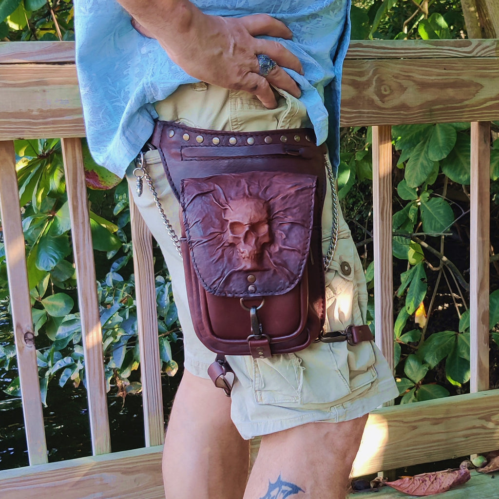 Handcrafted Genuine Vegetal Leather Brown Skull Drop Leg Bag–Skull Des – Balance Headwear