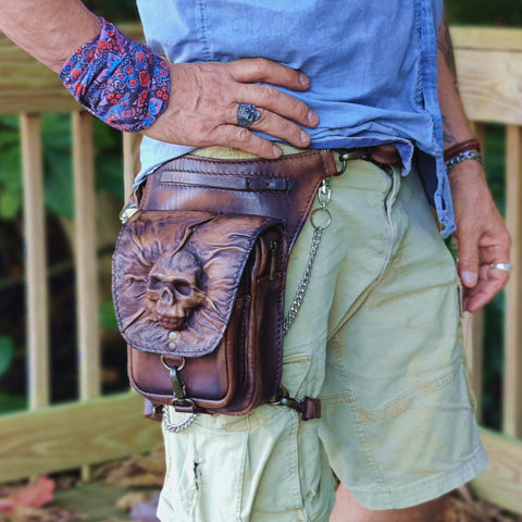 Unique Handcrafted Genuine Leather Rustic Brown Multifunctional Skull Drop Leg Bag–Skull Design Backpack Cross Bag –Gift Hip Rider Bag