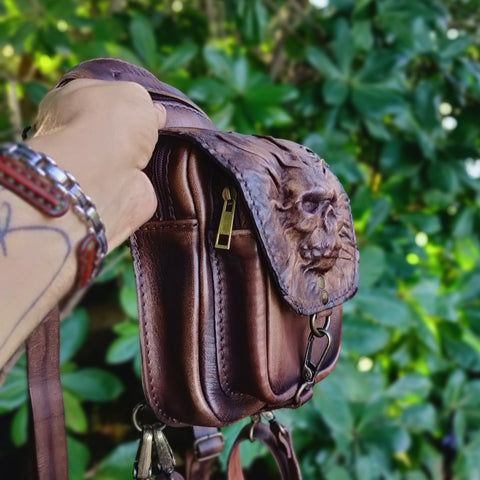brown leather skull-backpack Unique Handcrafted Genuine Leather Rustic Brown Multifunctional Skull – Balance Headwear