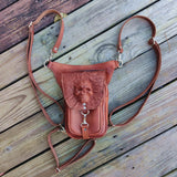 Handcrafted Genuine Vegetal Leather Multifunctional Tan Color Drop Leg Bag–Embossed Skull Design Leather Fanny Pack – Leather Hip Rider Bag