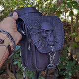 Handcrafted Vegetal Leather Multifunctional Black Color Embossed Skull Drop Leg Bag–Riders Travel Waist Fanny Pack-Cross Bag