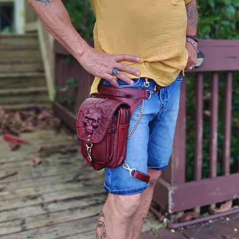 Handcrafted Genuine Maroon Vegetal Leather Multifunctional Embossed Skull Drop Leg Bag–Backpack–Gift Hip Rider-Cross Body Bag