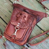 Handcrafted Genuine Vegetal Leather Maroon Skull Drop Leg Bag–Skull Design Backpack–Gift Hip Rider-Cross Body Bag
