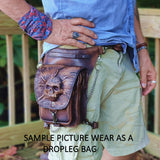 Handcrafted Vegetal Leather Multifunctional Rustic Brown Color Embossed Skull Drop Leg Bag–Riders Travel Waist Fanny Pack-Gift Cross Bag