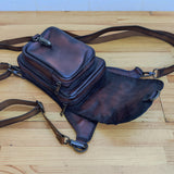 Handcrafted Genuine Vegetal Leather Dark Maroon Embossed Waves Drop Leg Bag–Skull Design Backpack–Gift Rider's Bag-Cross Body Bag
