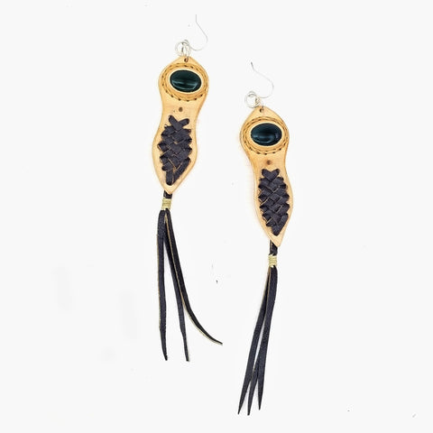 Boho Leather Earring with Green Agate Stone Setting (4431484354614)