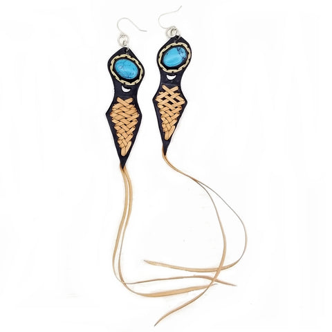 Boho Leather Earring with Turquoise Stone Setting (4431547957302)