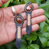 Boho Leather Earring with Brown Agate Stone Setting (4431553757238)