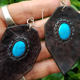 Boho Leather Earring with Turquoise Stone Setting (4431572598838)