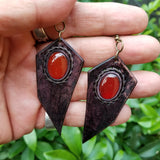 Boho Leather Earring with Red Agate Stone (4431600353334)